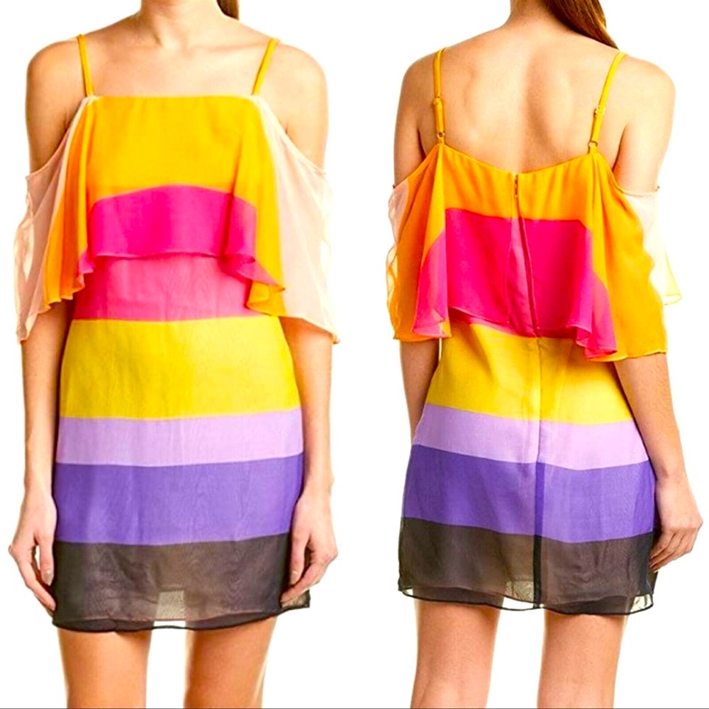 Trina Turk Orange and Purple Striped Silk Off-The-Shoulder Dress / Size 6